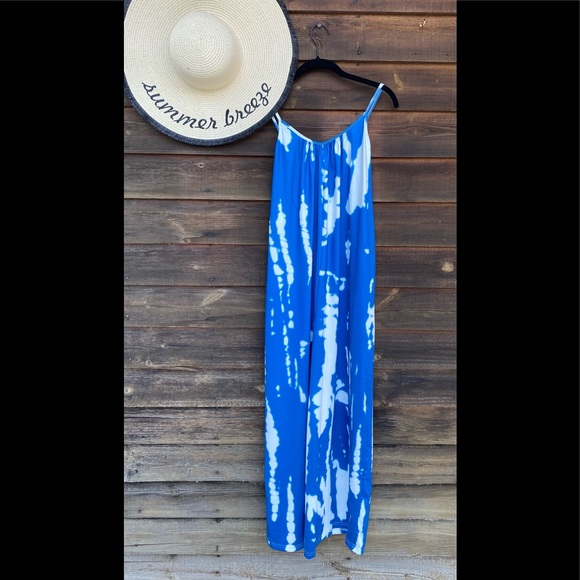 Overalls Jumpsuit Romper Oversized Tie Dye Boho Jumpsuit Bright Blue/White - Picture 9 of 17